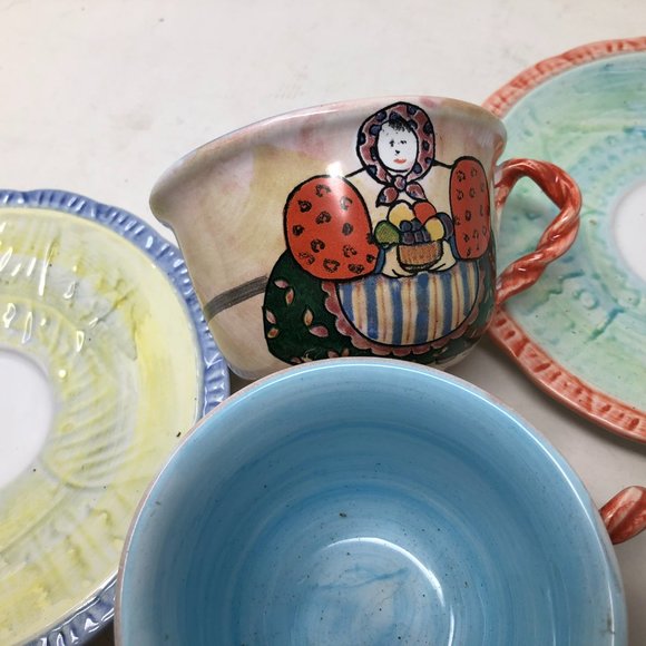 Horchow ceramic  cups and saucers made in Italy Lady with Flowers Easter eggs - Picture 3 of 3